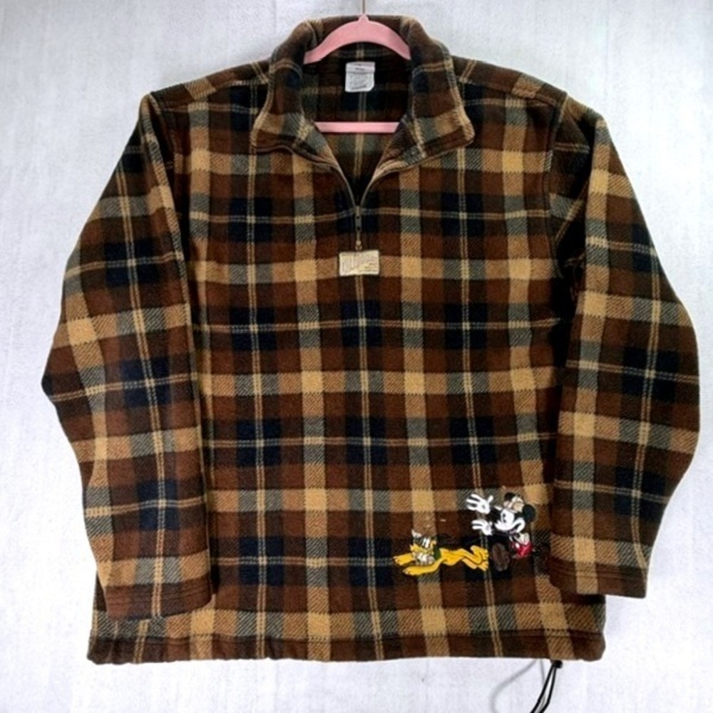Disney Store Mickey Outdoors Pullover Mens Large Brown Plaid Vintage 90s Fleece